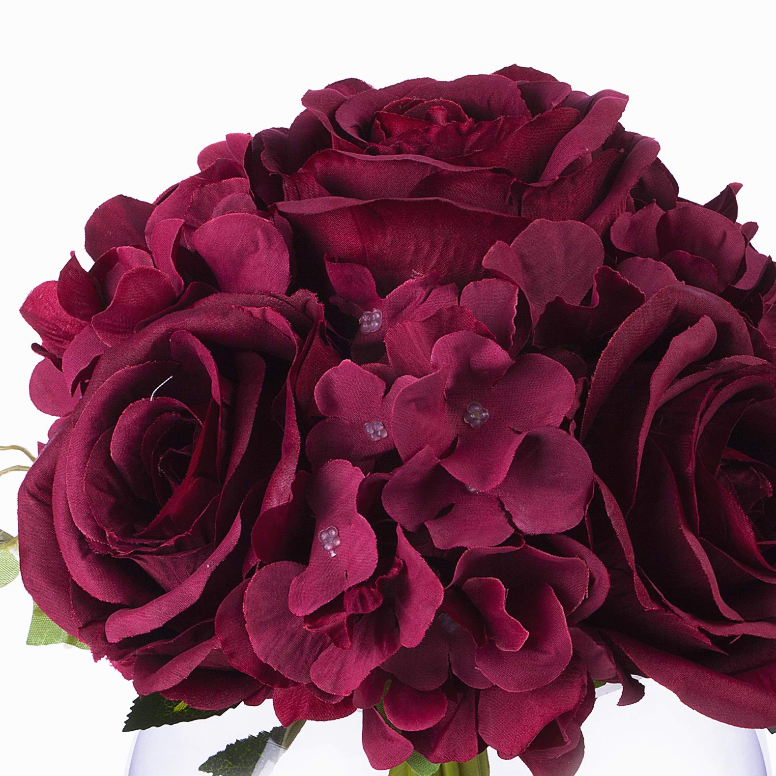 ENOVA HOME Mixed Silk Blooming Hydrangea and Rose Flower Arrangement in Clear Glass Vase with Faux Water - Burgundy Artificial Flowers for Home, Wedding, Office, and Event Decorations