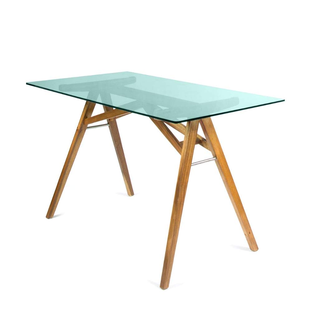Christopher Knight Home Camila Mid-Century Modern Tempered Glass Desk with Acacia Wood Frame - Dusk Grey/Natural Stained - Home Office, Study Room & Workspace Furniture for Professionals & Students