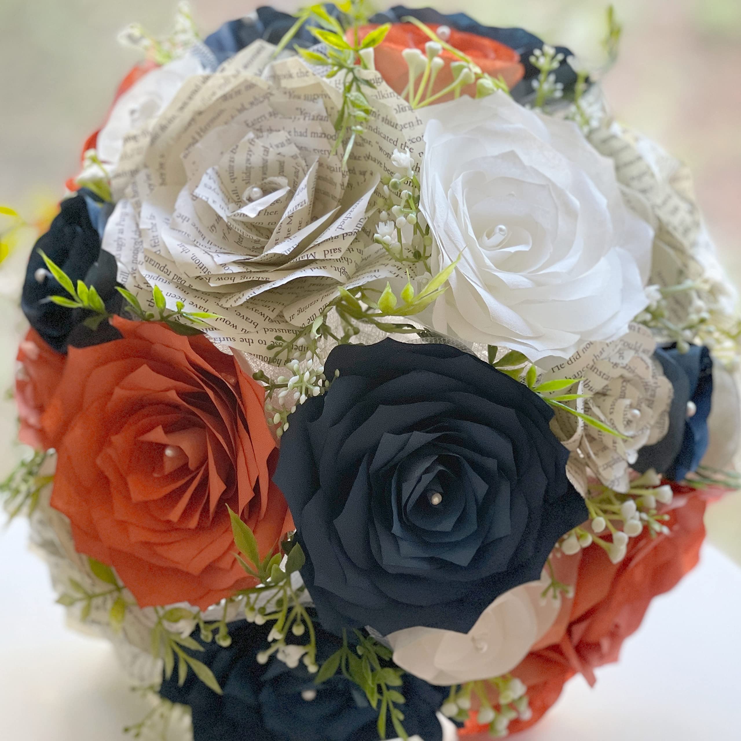 Burnt Orange Navy Blue White Paper Flower Bridal Bouquet - Handmade with Filter & Book Page Flowers for Wedding, Bridal Shower, Photo Props