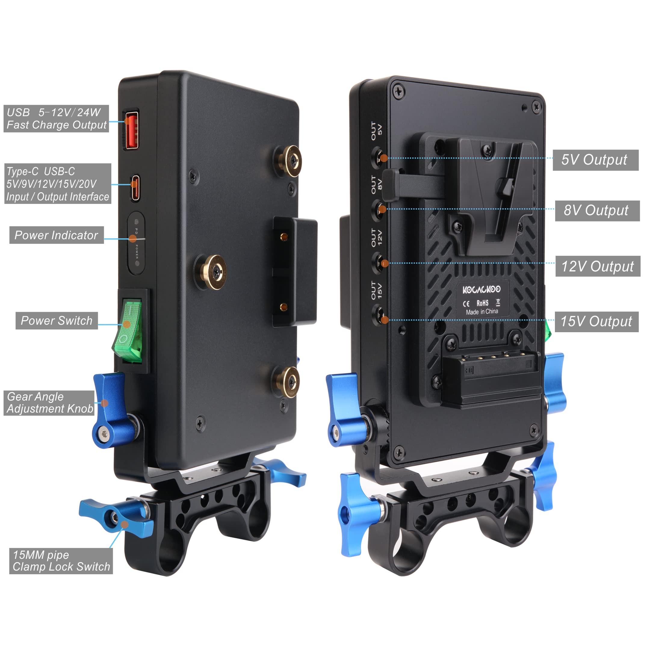 V Mount to Anton Bauer Battery Adapter Plate - Power Converter & Splitter with 15mm Rod Clamp & 6 DC Outputs for Panasonic Camcorders & DSLR Cameras - Perfect for Film Production, Live Streaming & On-Location Shooting