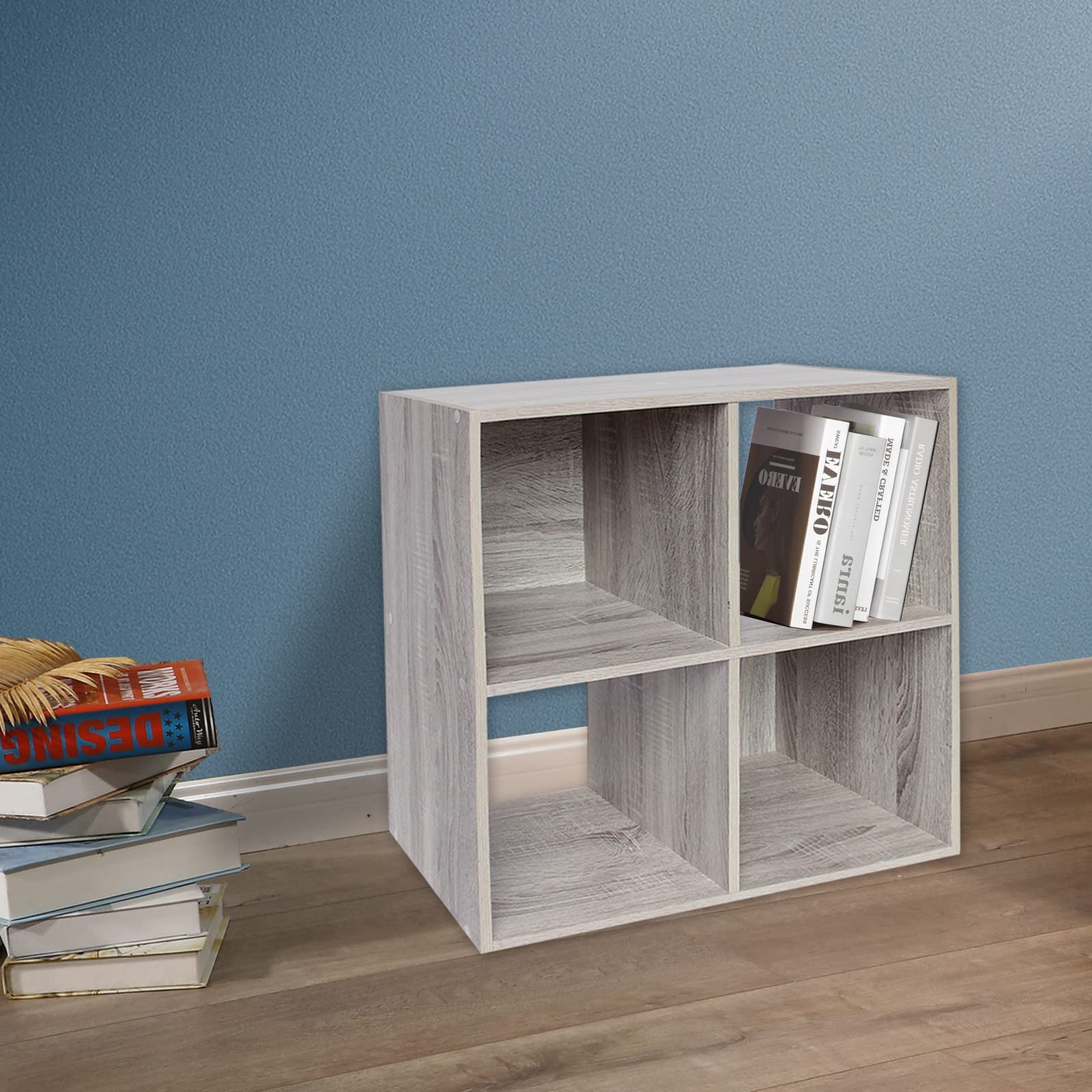 PACHIRA 4-Cube Wooden Storage Organizer - Bookshelf, Closet Cabinet & Shelf Unit for Living Room, Bedroom, Study - Oak Grey | Space-Saving Home & Office Storage Solution