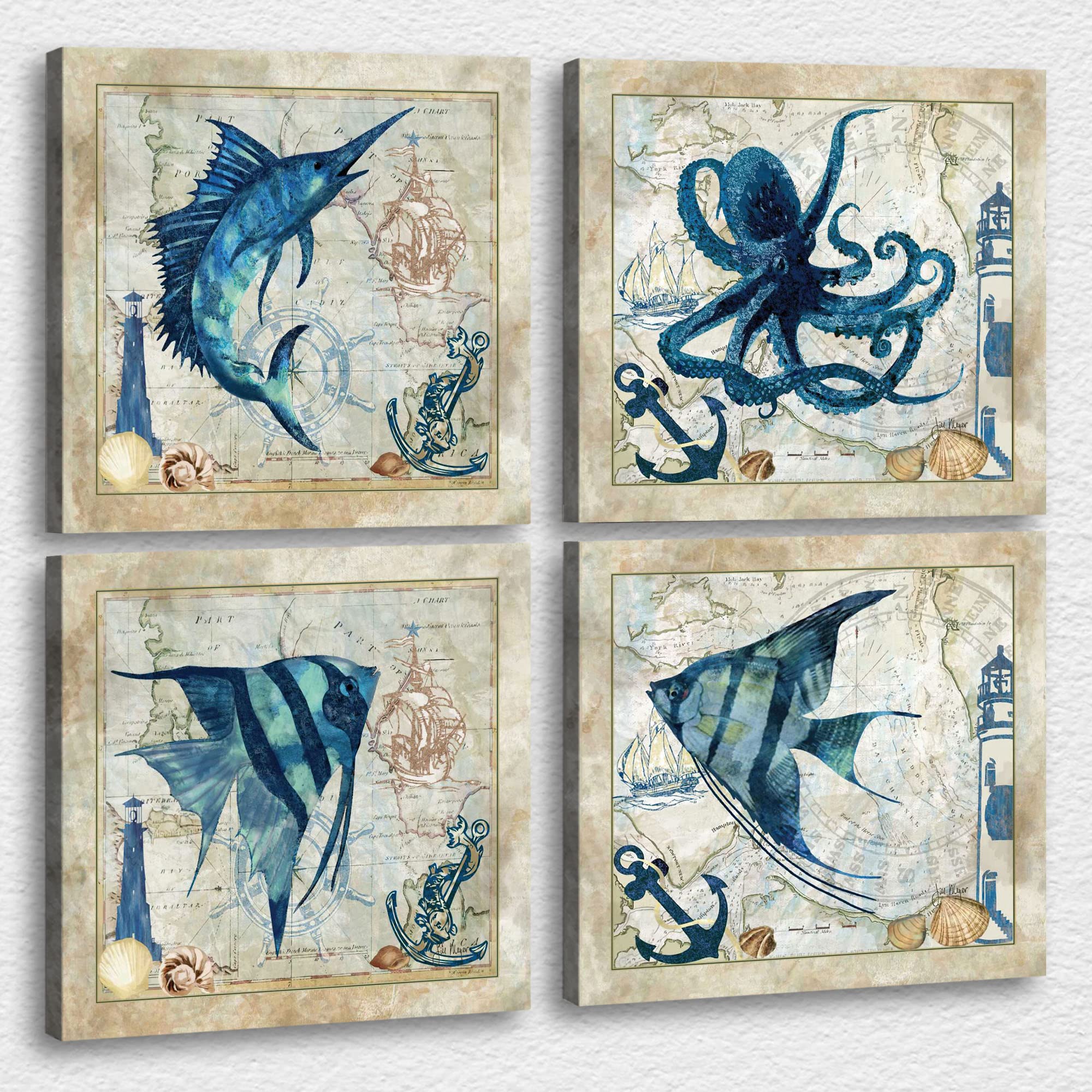 Ocean Wall Art Set - 4 Piece Blue Marlin, Octopus & Fish Themed Canvas Paintings for Bathroom & Bedroom Decor - Framed Sea Creature Posters (20