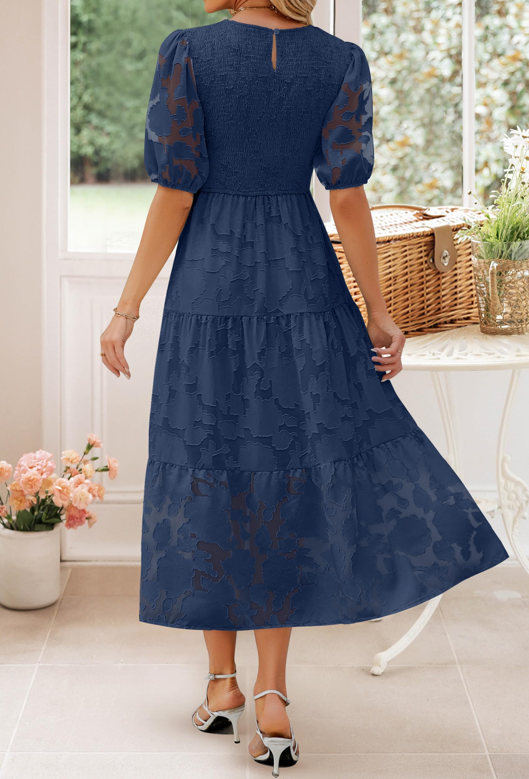 ZESICA Women's Summer 2025 Floral Lace Maxi Dress with Puff Sleeves & Smocked Waist - A-Line Tiered Flowy Dress for Beach, Wedding & Casual Wear