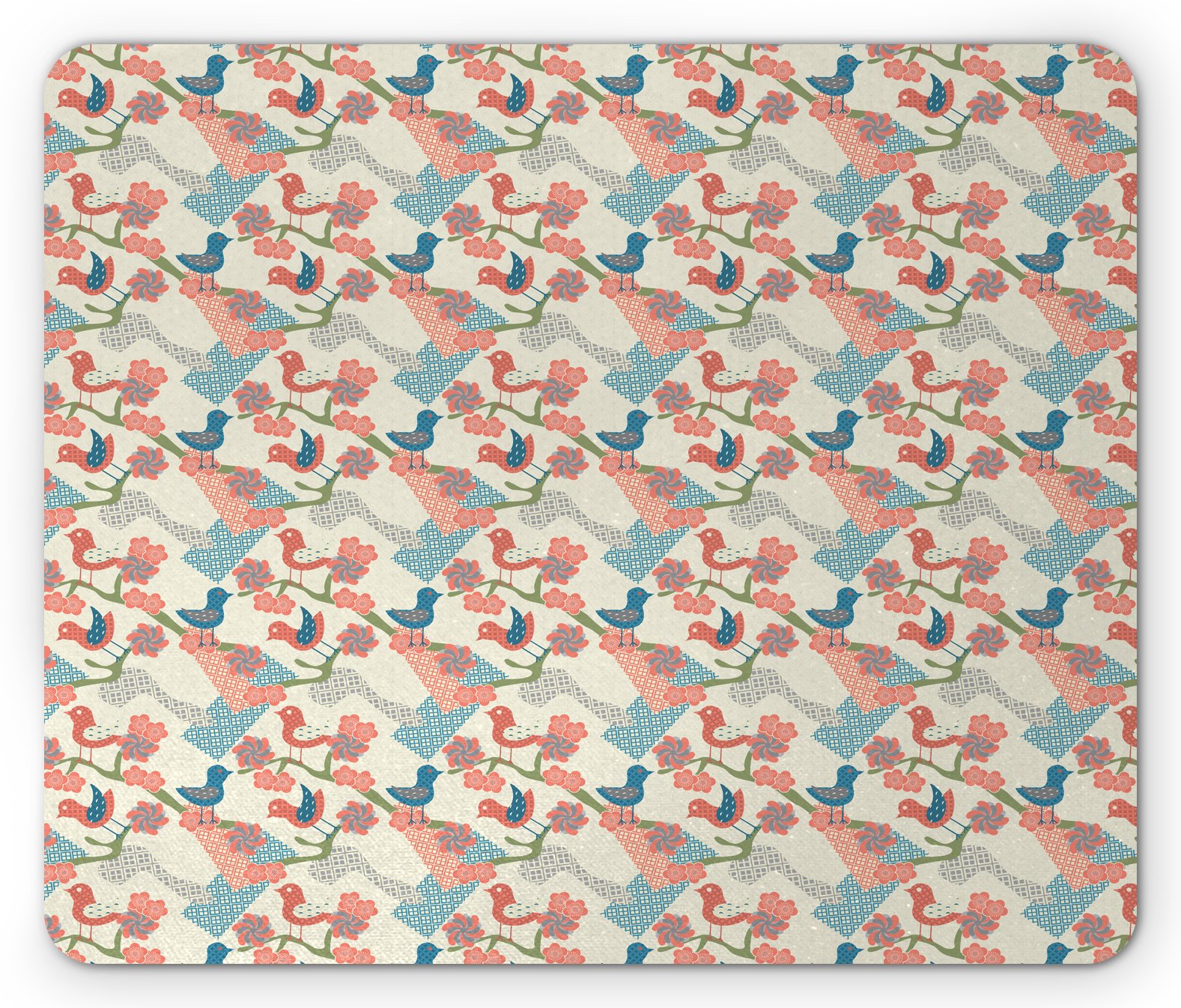 Ambesonne Japanese Kimono Mouse Pad - Traditional Asian Nature Design with Birds on Branches, Non-Slip Rubber Base, Standard Size Rectangle Mousepad in Salmon Pale Green Blue | Perfect for Office, Gaming & Home Computer Use