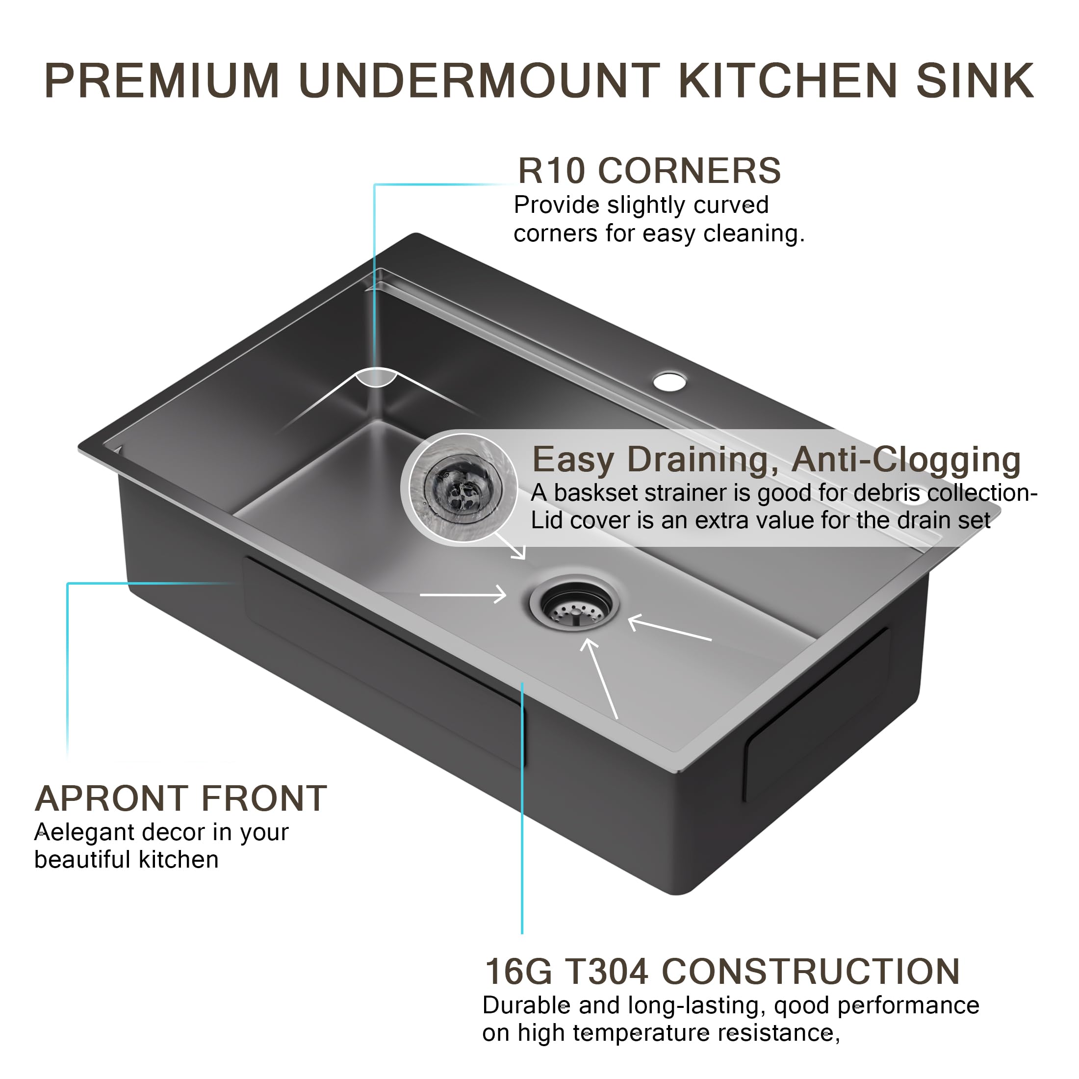 33 Inch Black Drop-In Kitchen Sink - 16 Gauge Stainless Steel Workstation Sink with Accessories - 33