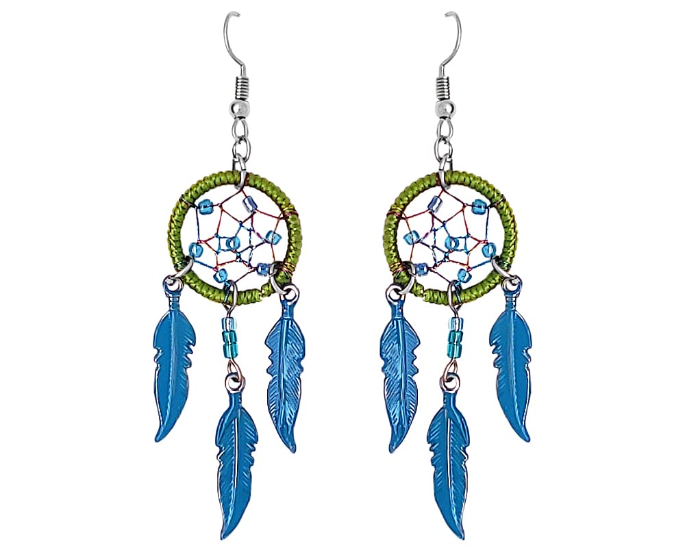 Handmade Boho Dream Catcher Metal Feather Earrings with Triple Colored Charms - Long Dangle Drop Earrings for Women | Perfect for Festivals, Parties & Boho Fashion Accessories