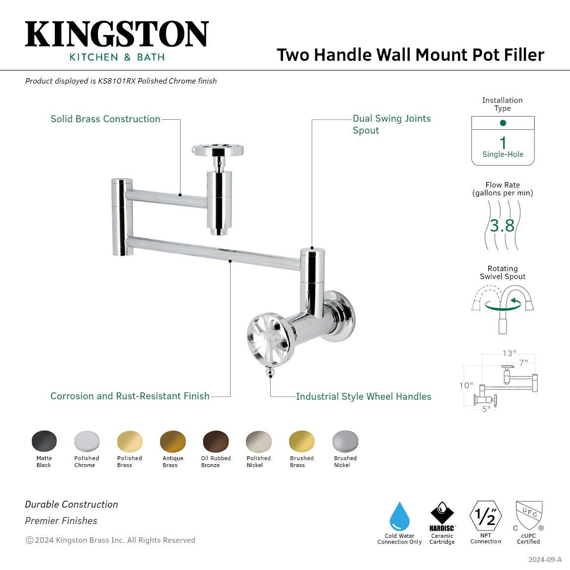 Belknap KS3708RX Brushed Nickel Two Handle Deck Mount Pot Filler Faucet - Ideal for Kitchen Sink, Stove, and Cooking Area
