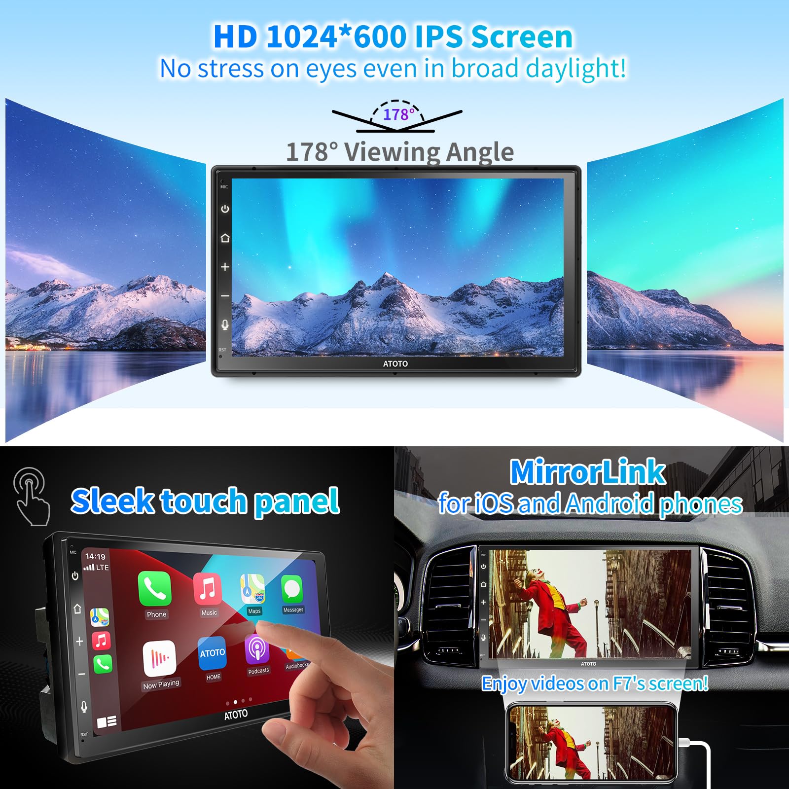 ATOTO 7-Inch Full Touchscreen Double DIN Car Stereo with Wireless CarPlay & Android Auto, Bluetooth, MirrorLink, HD Rearview Camera, Quick Charge - Perfect for Modern Vehicles & Road Trips (Model F7G2B7WES01)