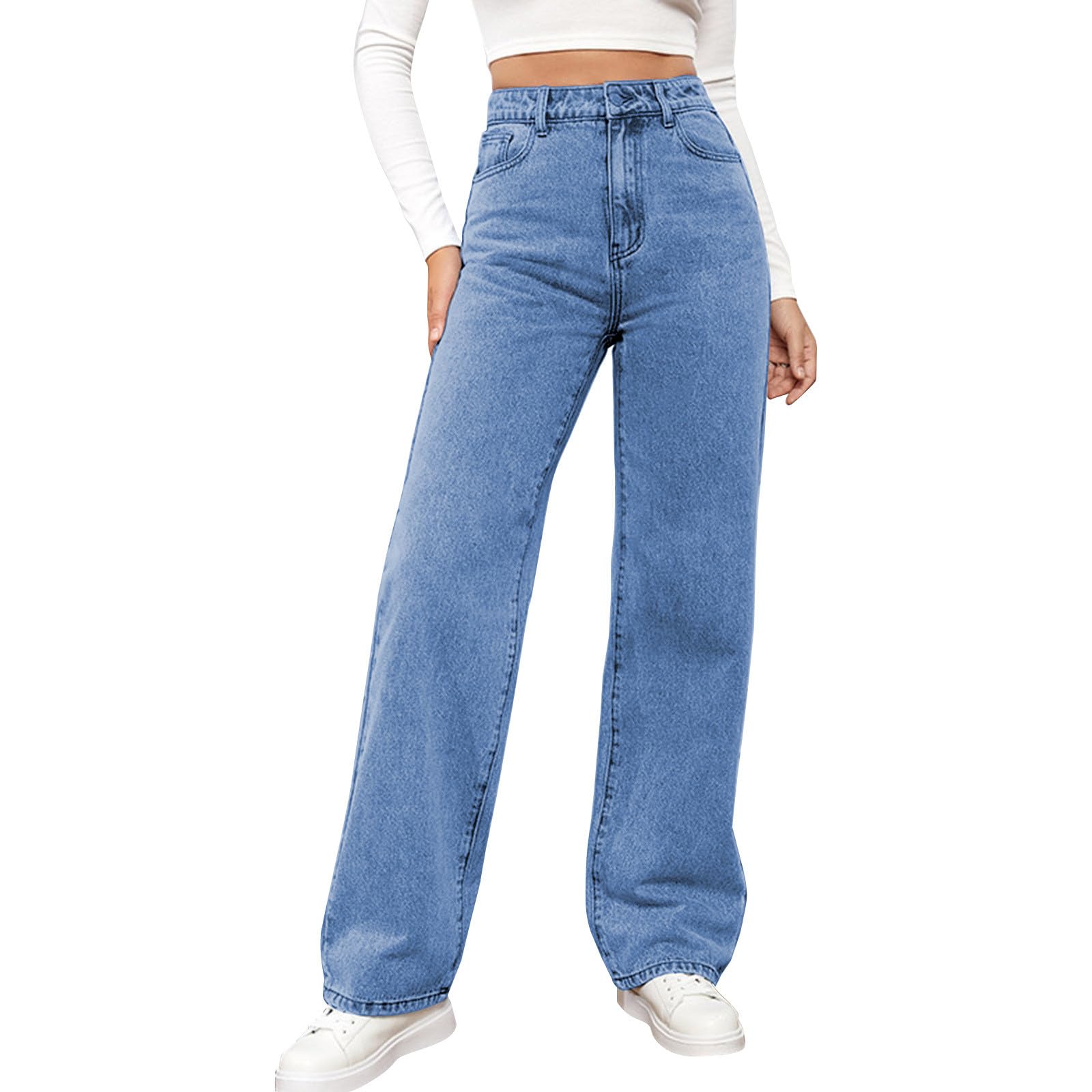 Women's Stretch Washed Denim Jeans - Elastic Waist Straight Leg Cropped Pants with Pockets | Comfortable & Stylish for Casual Wear, Office & Everyday Outfits