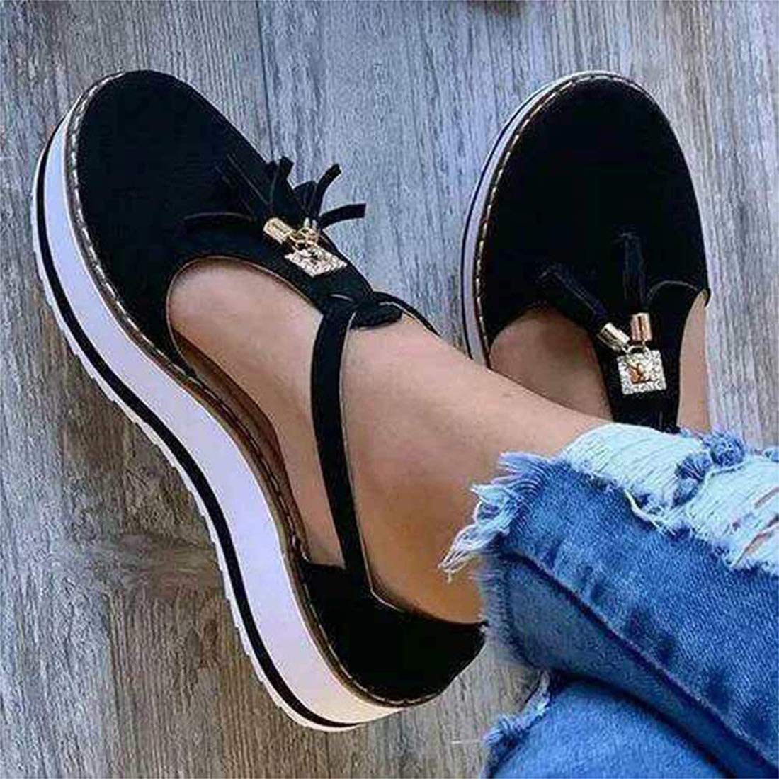 Women's Fashion Platform Sandals with Tassel Detail - Suede Closed Toe Buckle Shoes for Summer | Comfortable Beach & Travel Footwear | Ideal for Outdoor Walking, Vacation & Casual Wear (Black, Size 41)