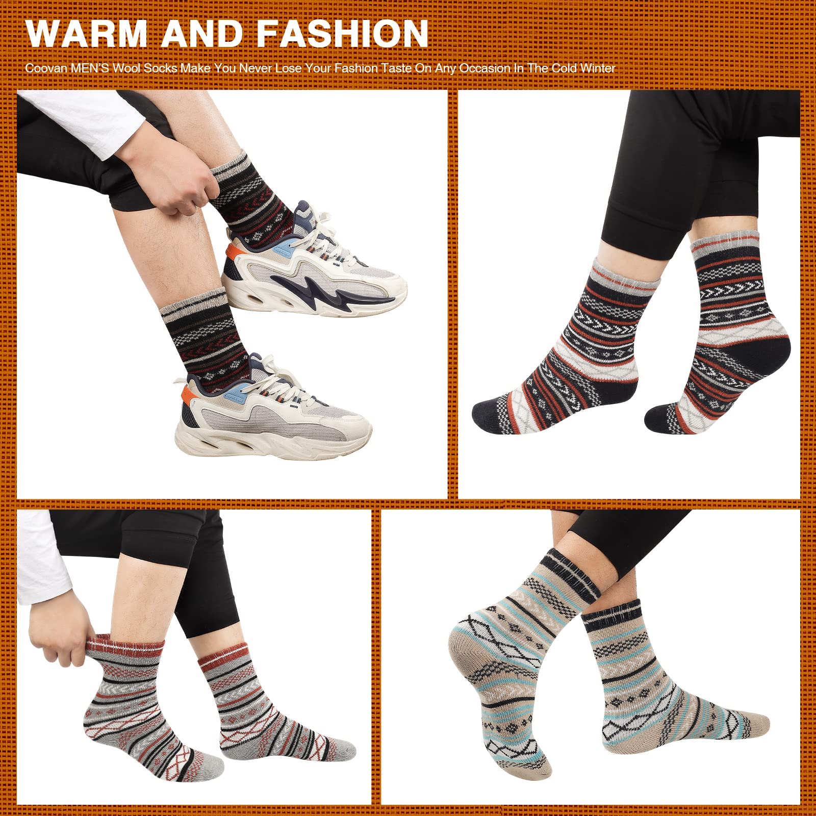 COOVAN Men's Wool Socks 5-Pack - Warm Thick Winter Thermal Crew Socks for Hiking, Outdoor & Casual Wear - Soft Knit Merino Wool Blend Socks for Cold Weather Comfort