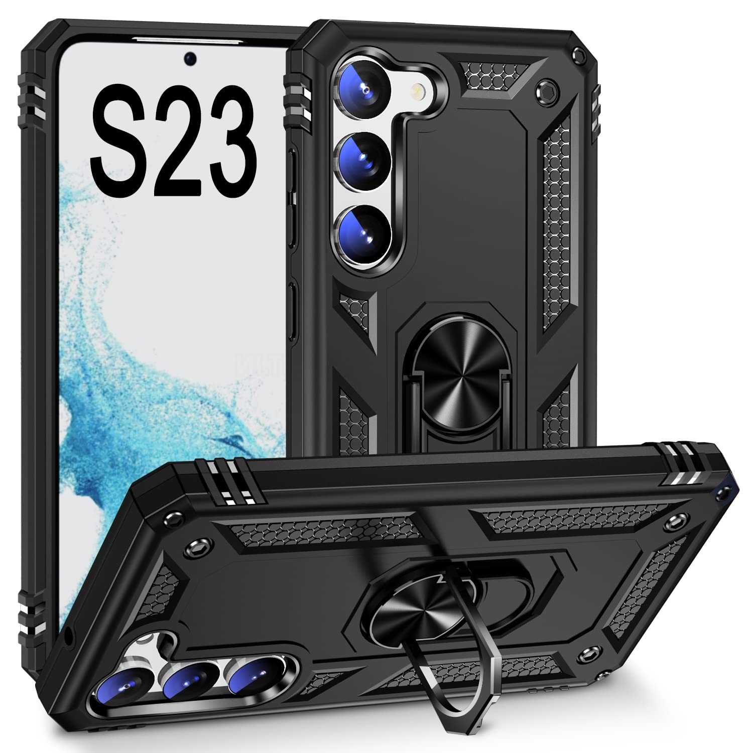 Shockproof Magnetic Phone Case for Samsung Galaxy S23 with Screen Protector & Kickstand - Black | Perfect for Work, Travel & Everyday Protection