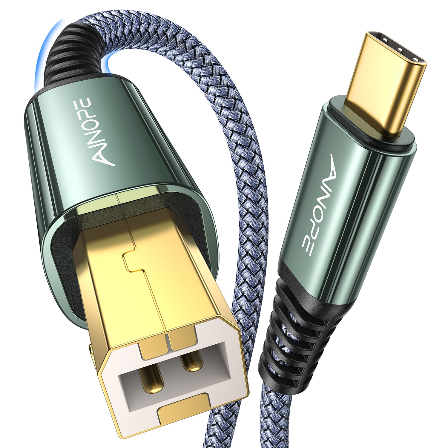AINOPE 10FT USB B to USB C Printer Cable - Gold Plated Nylon Braided Cord for HP Brother Canon Printers, Yamaha Casio Digital Pianos - Fast Charging & Data Transfer for Home Office & Studio Use