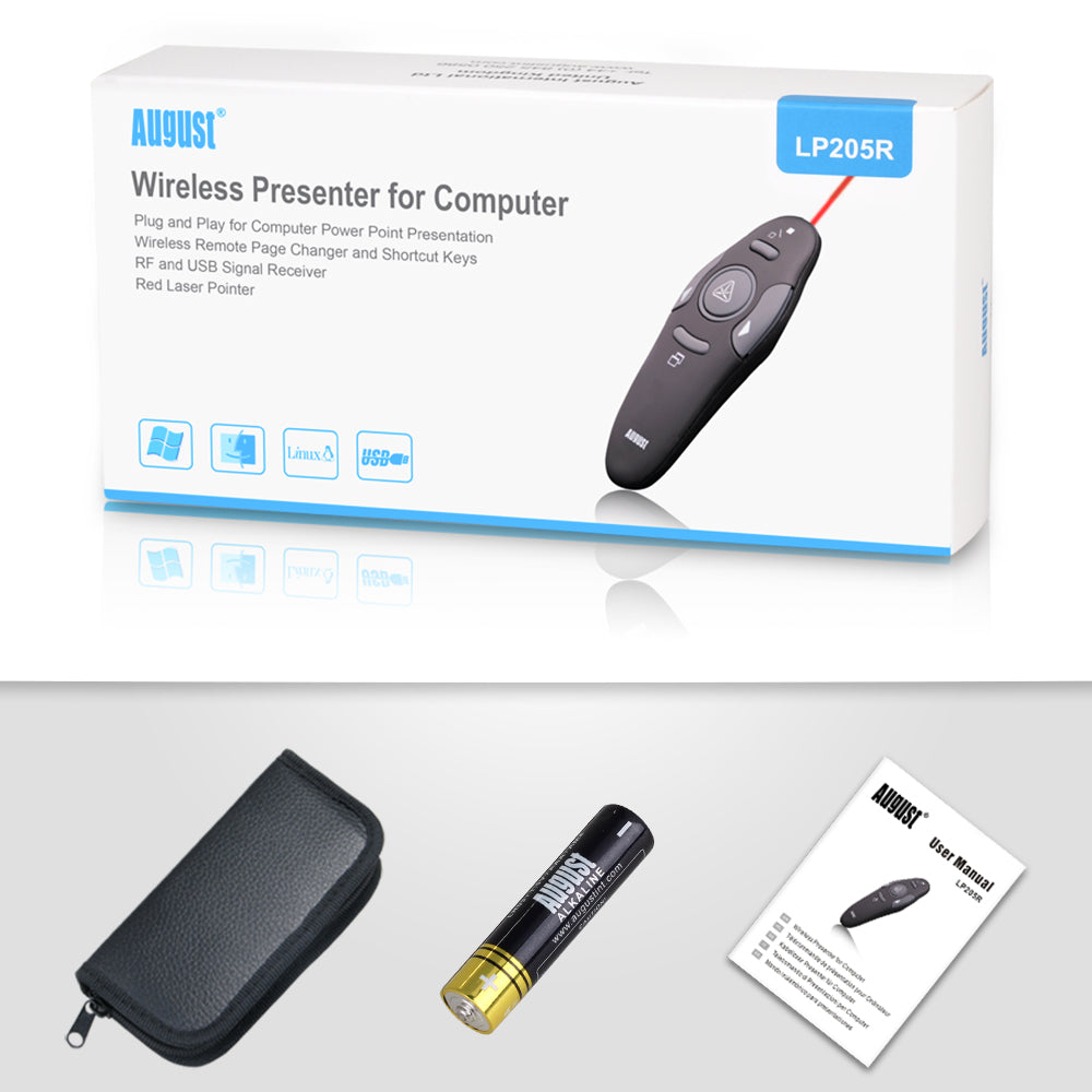August LP205R Wireless Presenter Remote Control for PowerPoint & Google Slides - Laser Pointer & Slide Advancer - Perfect for Business Presentations & Online Teaching [Refurbished]