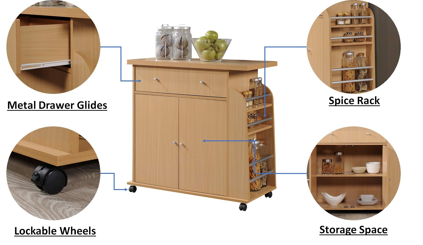 Hodedah Import Kitchen Island with Spice Rack & Towel Rack - Solid Beech Wood Countertop Cart for Small Spaces - Perfect for Cooking, Baking & Extra Storage in Compact Kitchens
