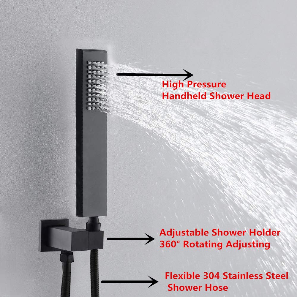 AYIVG Matte Black 12 Inch LED Square Rainfall Shower Head - Wall Mounted Brass Shower System with Adjustable Settings for Luxurious Spa Experience in Modern Bathrooms