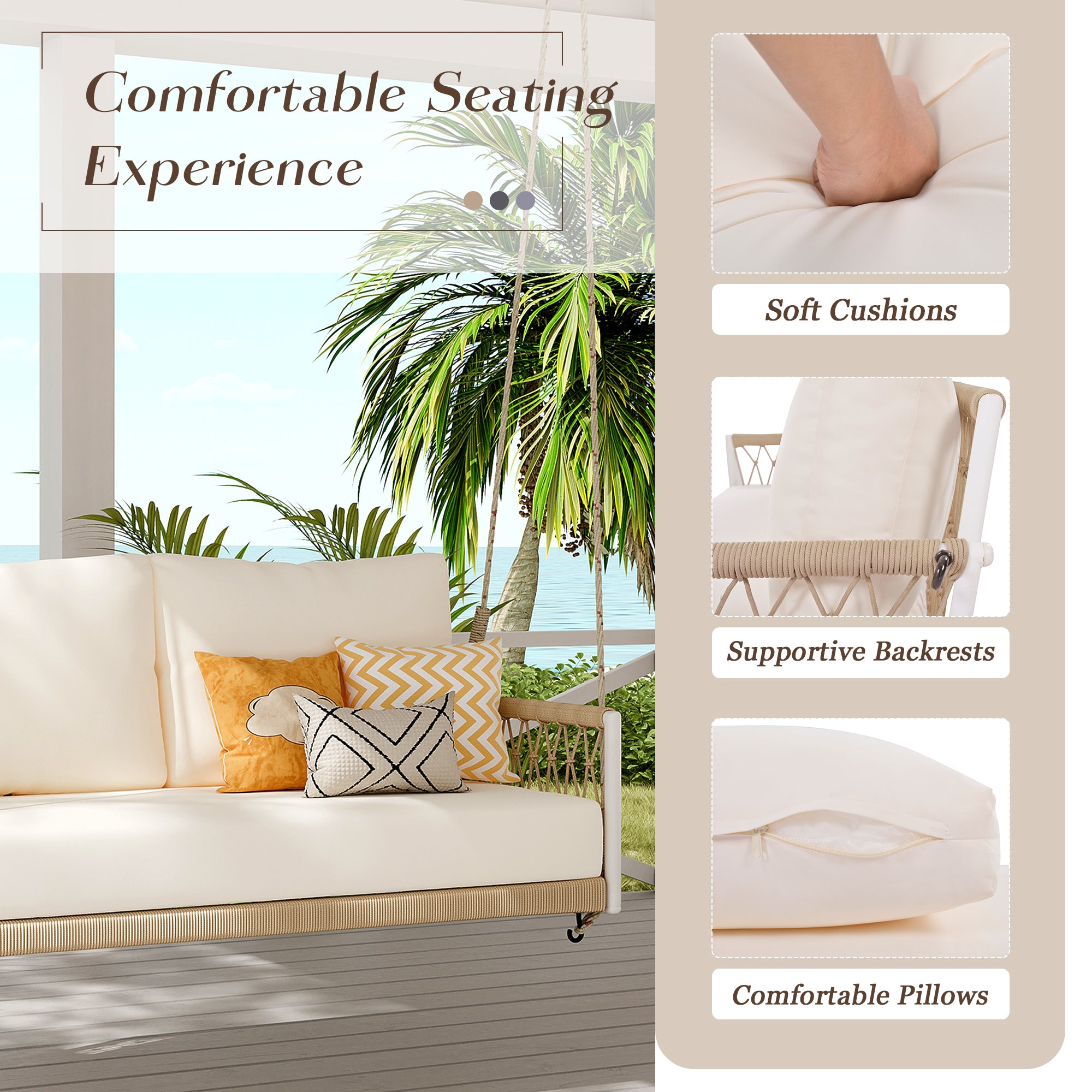 1 Piece Woven Rope Outdoor Swing Sofa with Soft Cushions - Seats 2 People - Perfect for Patio, Garden, Backyard, Balcony & Poolside Relaxation (Beige)