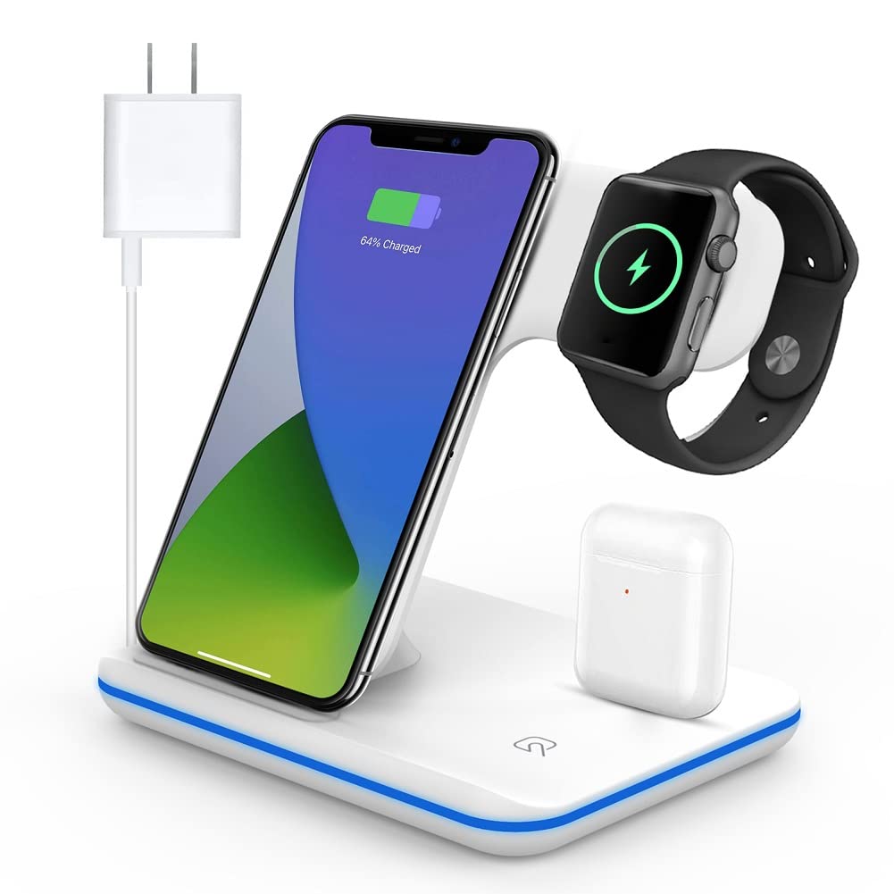 3-in-1 Fast Wireless Charging Station for iPhone 13/12/11/Pro/X/Xr/Xs/8 Plus & Qi-Certified Phones - Compatible with iWatch Series 2/3/4/5 - Includes QC 3.0 Adapter | Perfect for Home, Office & Travel Charging Needs