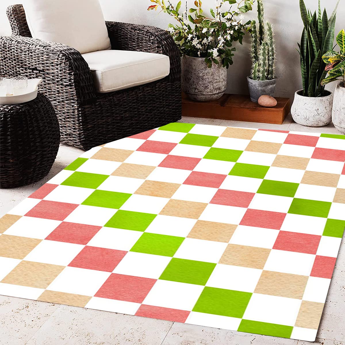 Green Pink Brown White Checkered Plaid Area Rug 6x8 - Washable Shaggy Soft Carpet for Living Room, Bedroom & Dining Room - Colorful Funky Rug Under Coffee Table - Non-Slip Kitchen & Laundry Runner Rug - Perfect for Boho Decor, Dorm Rooms & Cozy Home Accents