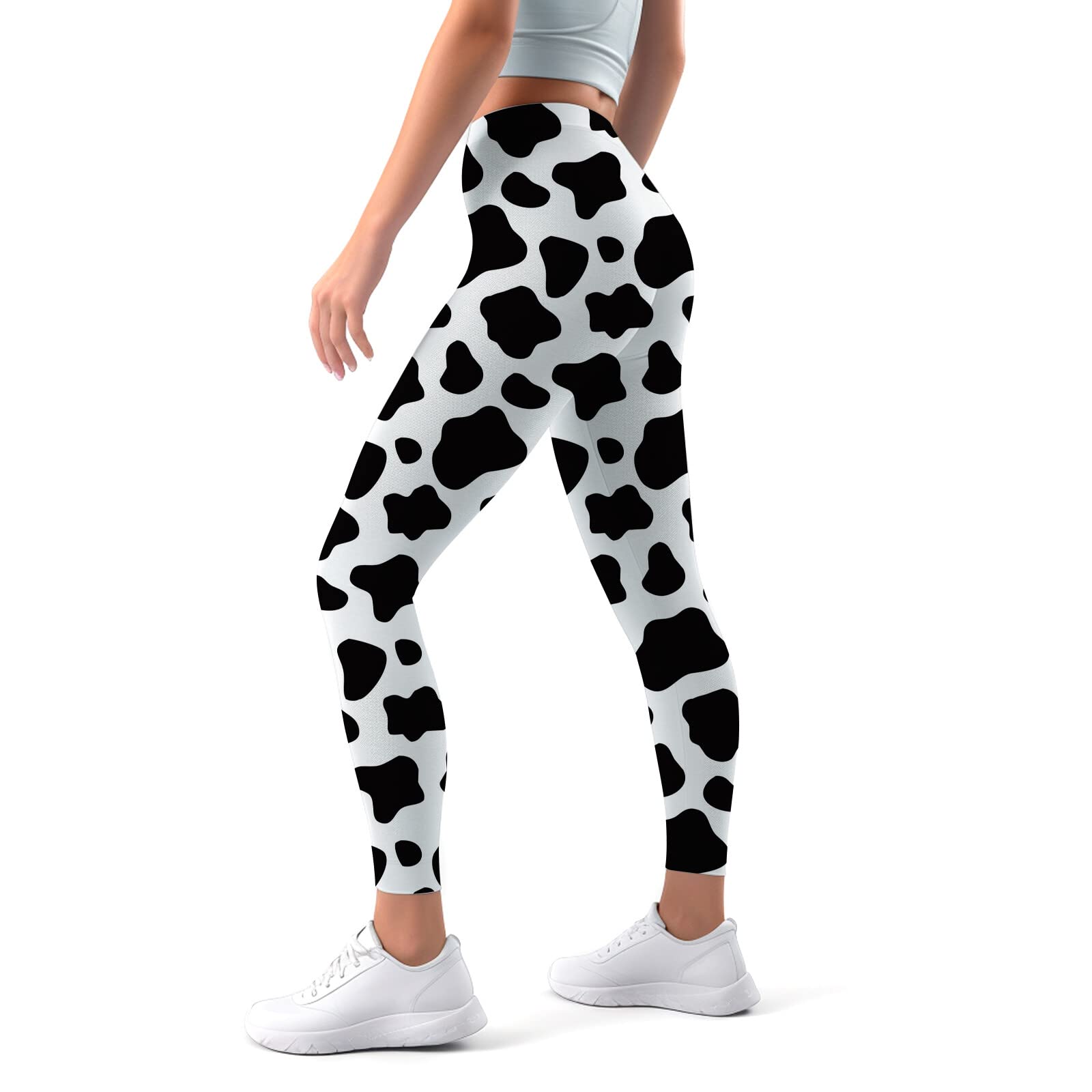 Artsadd Women's High Waisted Yoga Pants - Cow Print Leggings 7/8 Length Capris with Tummy Control - Compression Running Tights for Yoga, Workout & Casual Wear