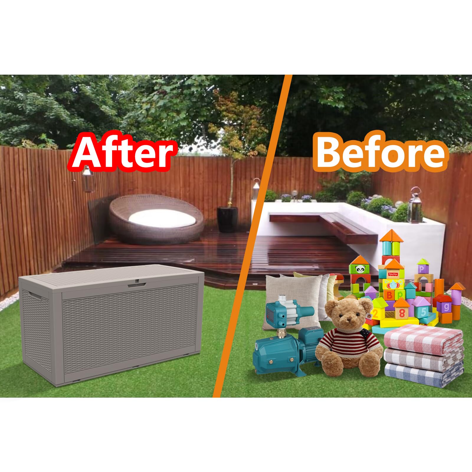 100 Gallon Waterproof Outdoor Storage Deck Box - Modern-Depo Polypropylene Garden & Pool Storage Bench for Towels, Tools & Patio Accessories - Gray - Perfect for Backyard, Porch & Poolside Organization
