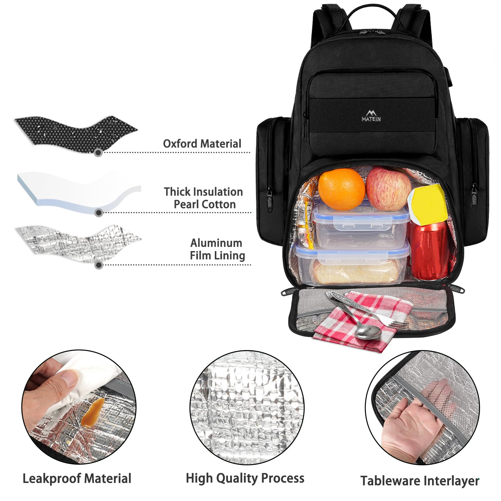 **MATEIN 15.6 Inch Tactical Backpack for Men - Insulated Lunch Compartment & Laptop Sleeve - Durable Work Backpack for Travel, Hiking, Camping, Beach & Picnic - Black**