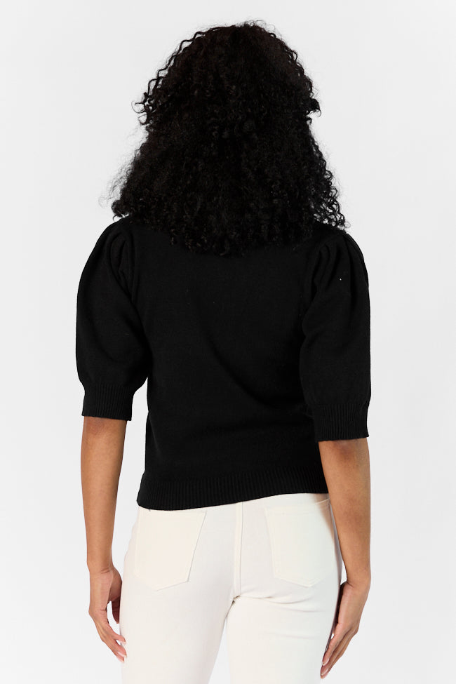 Black Floral Embroidered Lace Trim Short Sleeve Sweater - Elegant Garden Party Top for Women | Casual Spring Outfit & Romantic Date Night Blouse