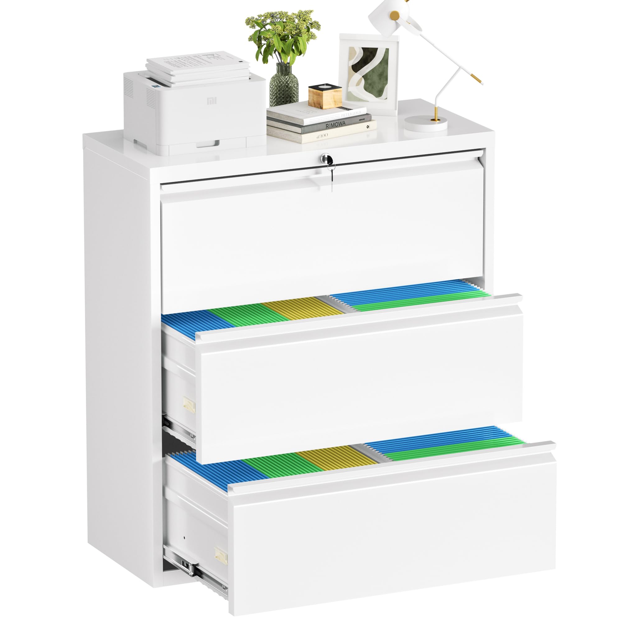 Bonusall 3-Drawer Locking Lateral File Cabinet - White Metal Office Storage with Keys for Documents, Folders & Supplies | Perfect for Home Office, Business & School Organization