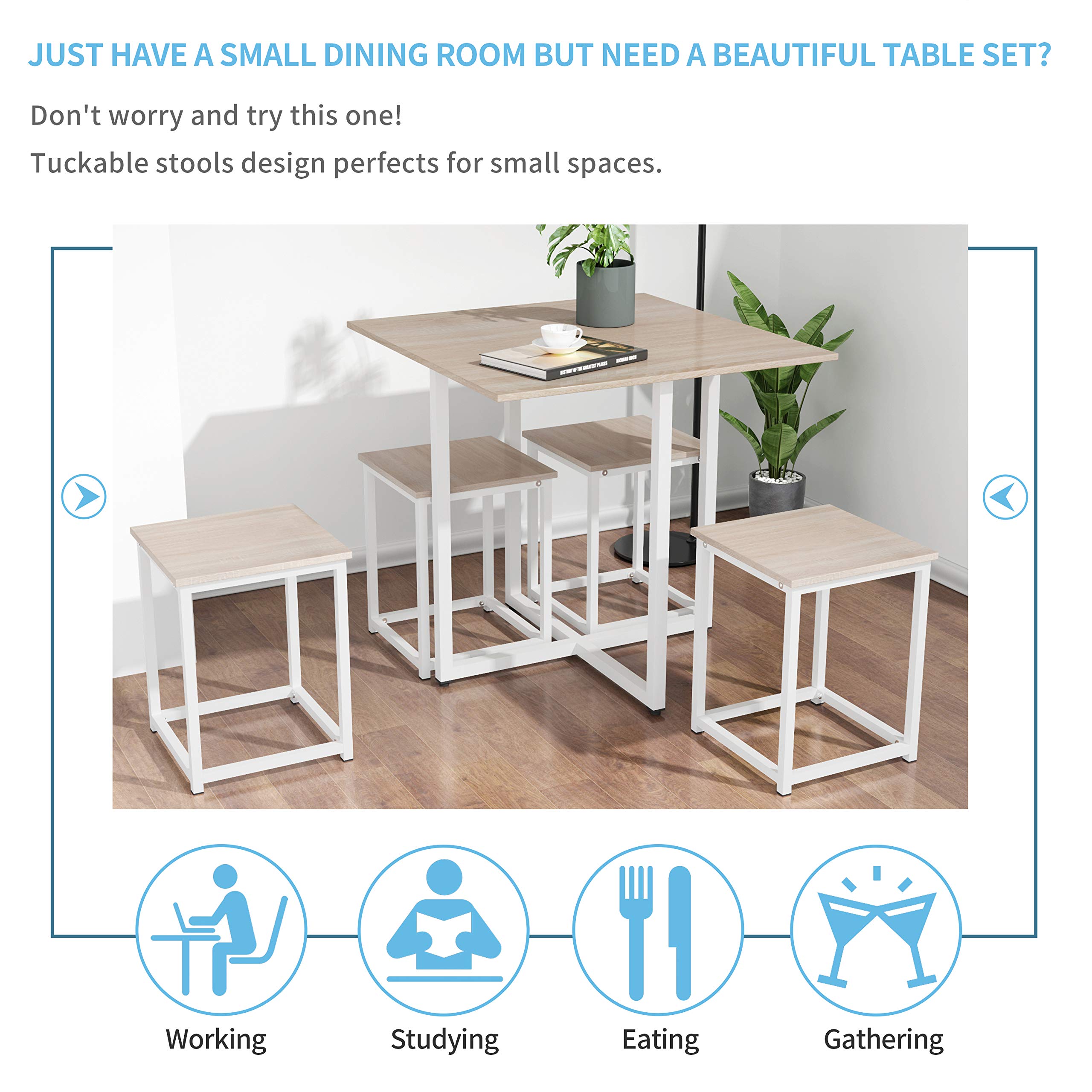LZ LEISURE ZONE 5-Piece Industrial Dining Set - Kitchen Table with 4 Bar Stools, Natural Wood & White Finish - Perfect for Small Spaces, Apartments, Restaurants & Home Bars