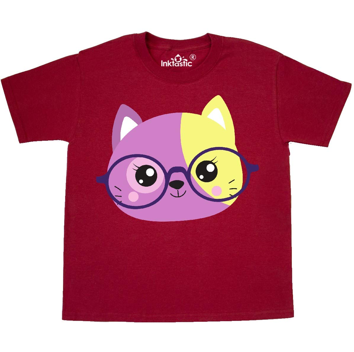 Inktastic Hipster Cat with Glasses - Cute Kitten Graphic Youth T-Shirt for Boys & Girls | Fun Casual Wear for School, Parties & Cat Lovers