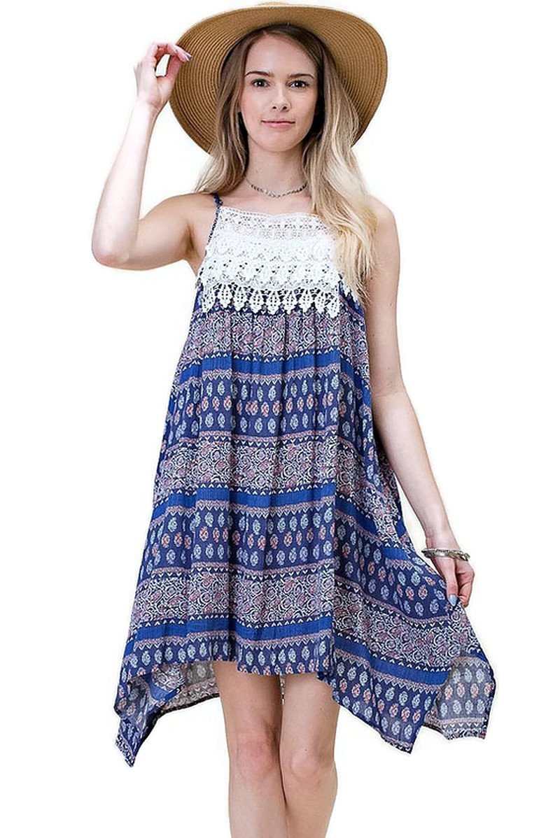 Kori America Bohemian Asymmetrical Aztec Printed Tank Dress - Flowy Summer Dress for Women, Beach Cover Up, Festival Outfit, Vacation Wear