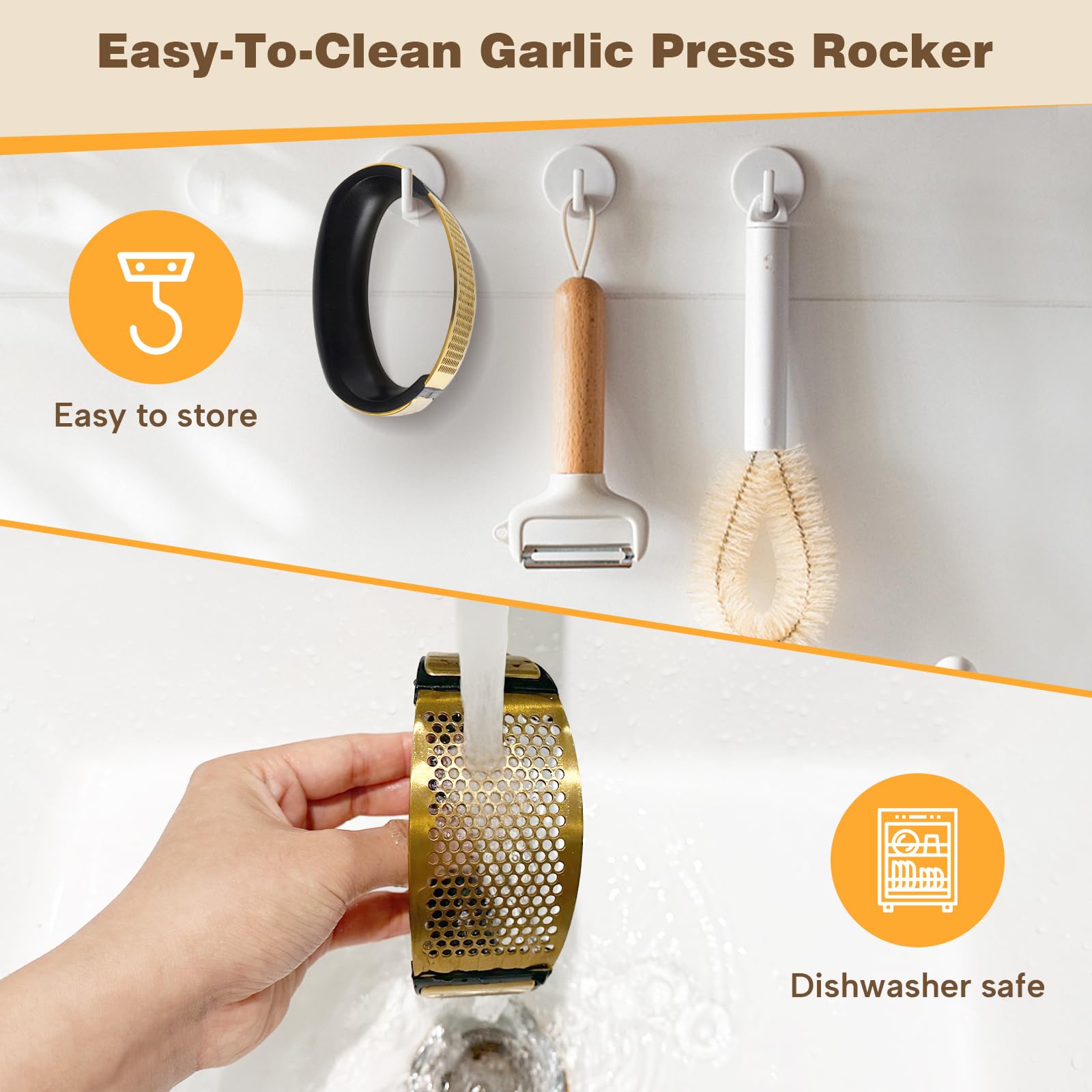 Premium 304 Stainless Steel Garlic Press Rocker Set - Heavy Duty Garlic Mincer, Crusher & Peeler with Comfortable Non-Slip Grip - Kitchen Gadget for Effortless Garlic Chopping, Sautéing & Cooking (Gold)