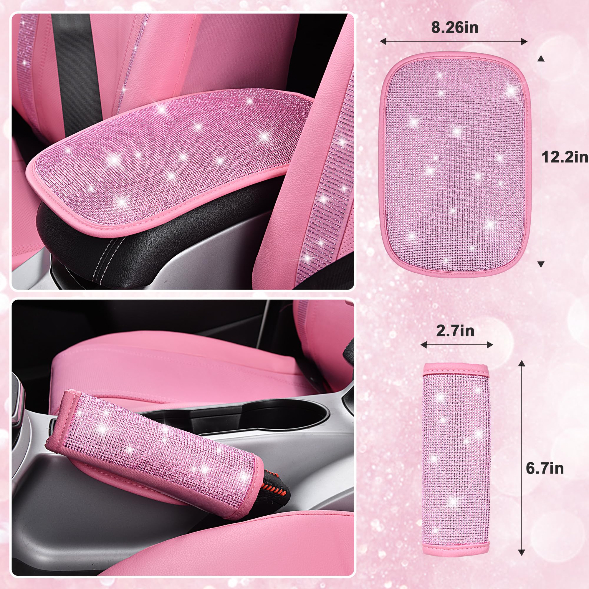 24PCS Pink Bling Diamond Car Accessories Set - Steering Wheel Covers & Seat Covers for Women, Perfect for Car Decor & Gifts