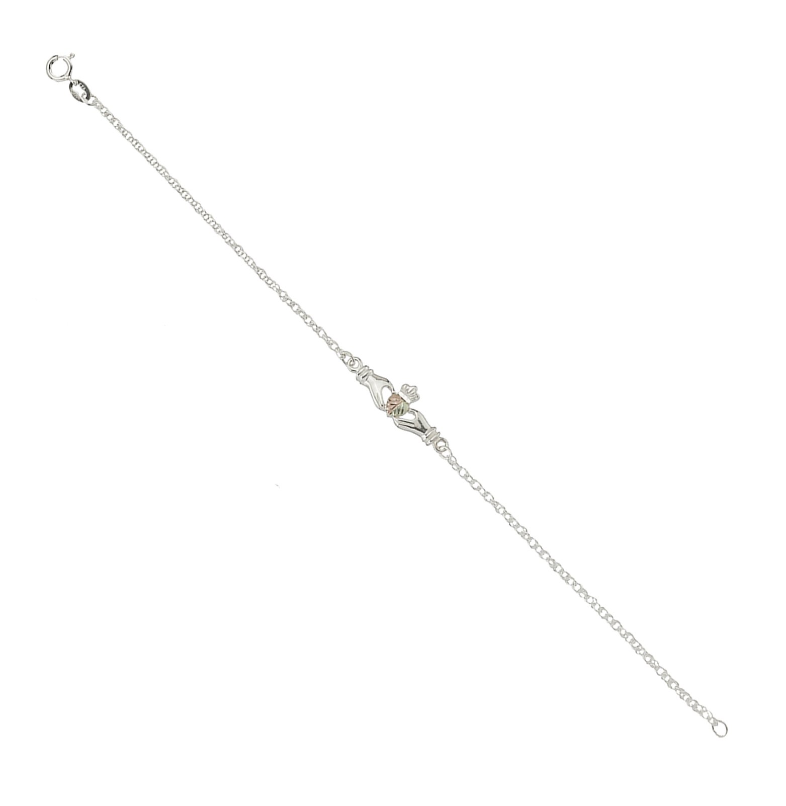 Sterling Silver Claddagh Ankle Bracelet with 12k Green Gold & Rose Gold Accents | Authentic Black Hills Gold Jewelry | Perfect for Irish Weddings, Anniversaries & St. Patrick's Day Gifts