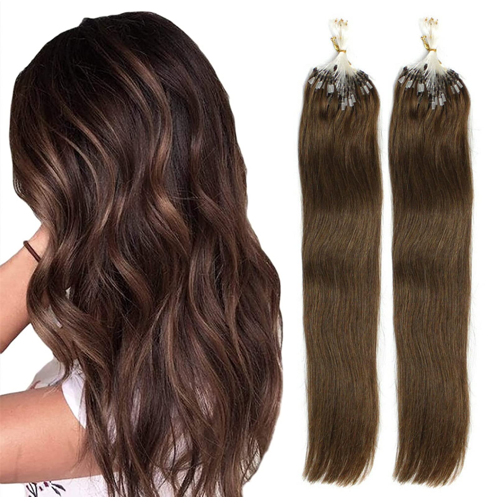 Micro Ring Loop Human Hair Extensions - 20inch 100 Strands Straight Chocolate Brown Remy Hair with Micro Beads for Women | Perfect for Daily Styling, Parties & Special Occasions