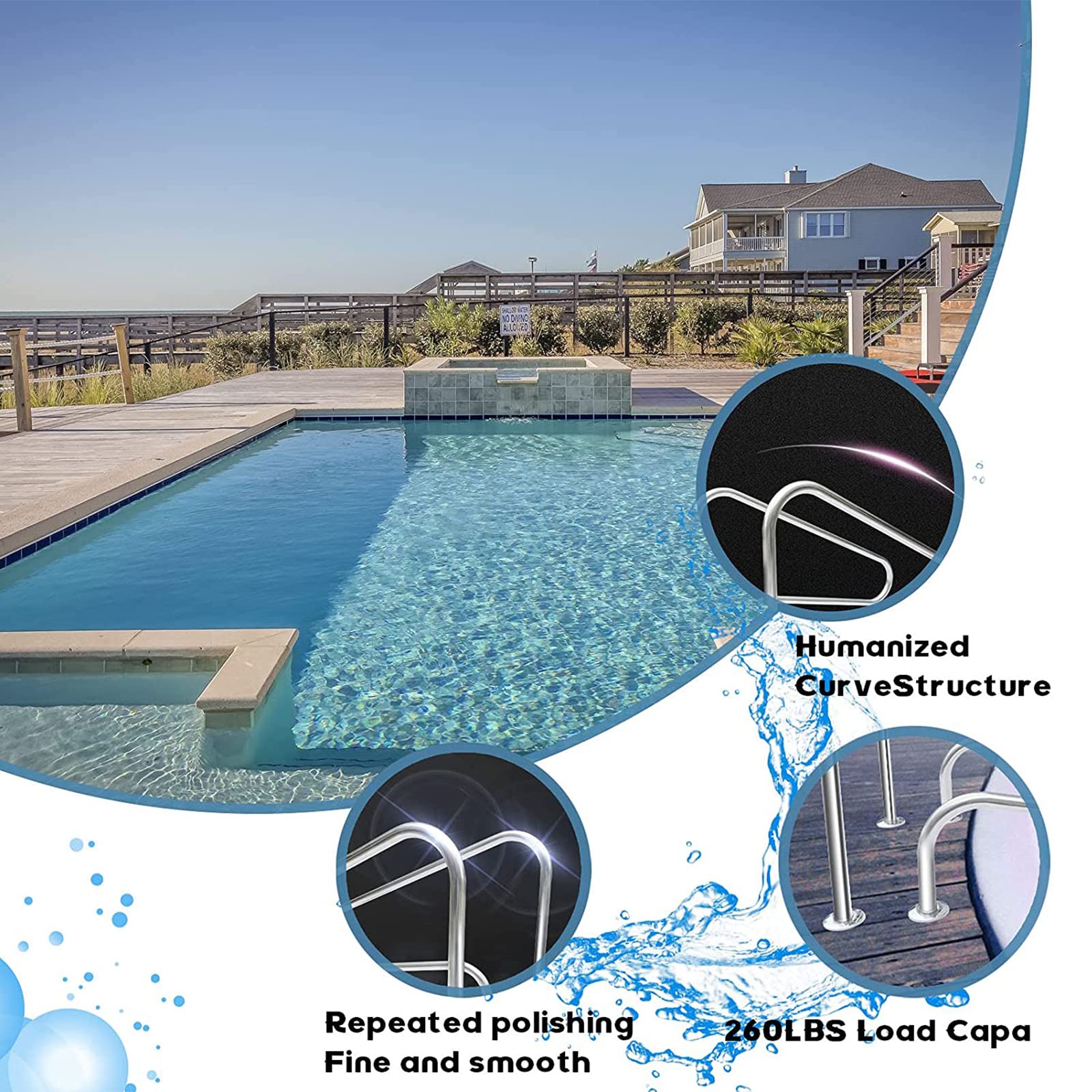 Stainless Steel Pool Handrail with Blue Grip Cover - Rustproof Swimming Pool Safety Railing with Drill Bit Screws - Perfect for Inground Pools, Spas, and Aquatic Therapy Areas