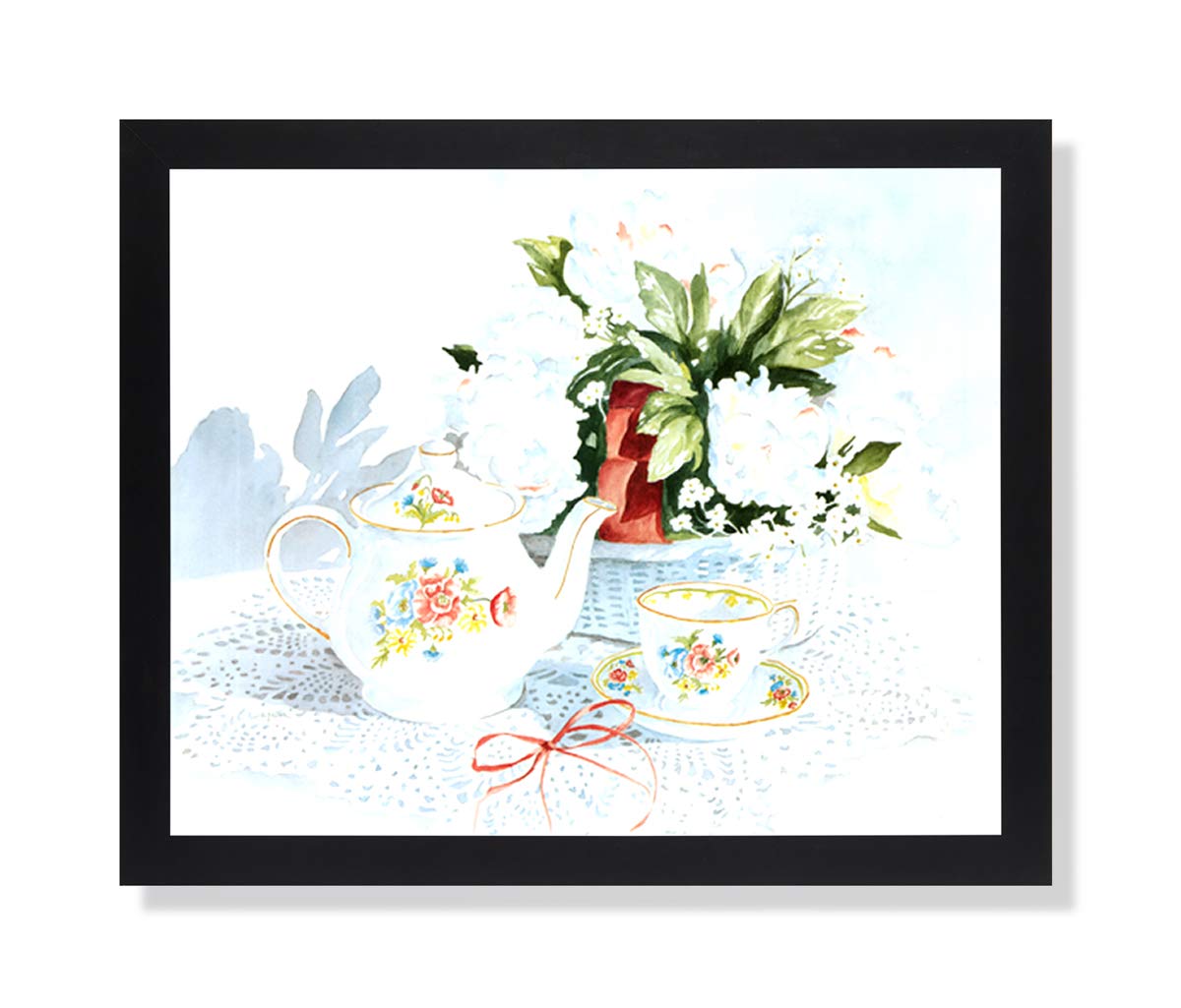 Victorian Tea Pot and Cup Floral Art Print in Black Frame - Perfect for Kitchen, Dining Room, or Tea Party Decor