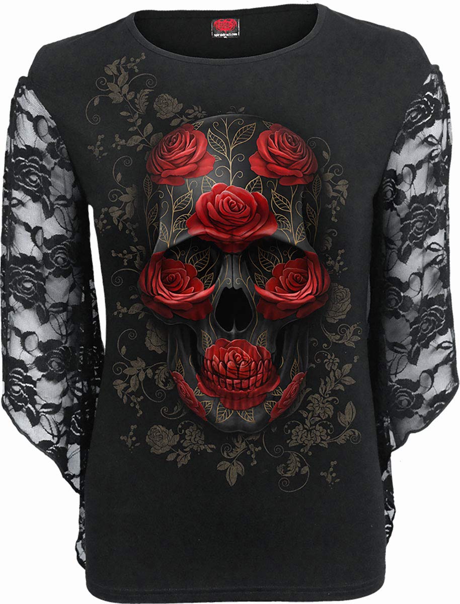 Gothic Spiral Ornate Skull Rose Lace Sleeve Top for Women | Vintage Victorian Gothic Fashion | Perfect for Halloween, Cosplay, and Dark Aesthetic Outfits