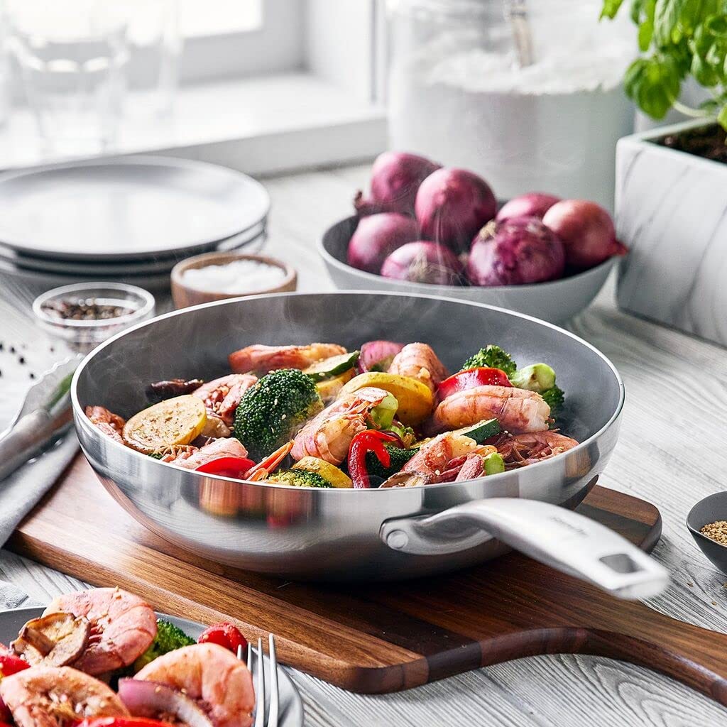 GreenPan Chatham Tri-Ply Stainless Steel Healthy Ceramic Nonstick 11-Inch Wok Pan - PFAS-Free, Multi-Clad, Induction Compatible, Dishwasher & Oven Safe (Silver) - Perfect for Asian Stir-Fry, Sautéing & Healthy Cooking