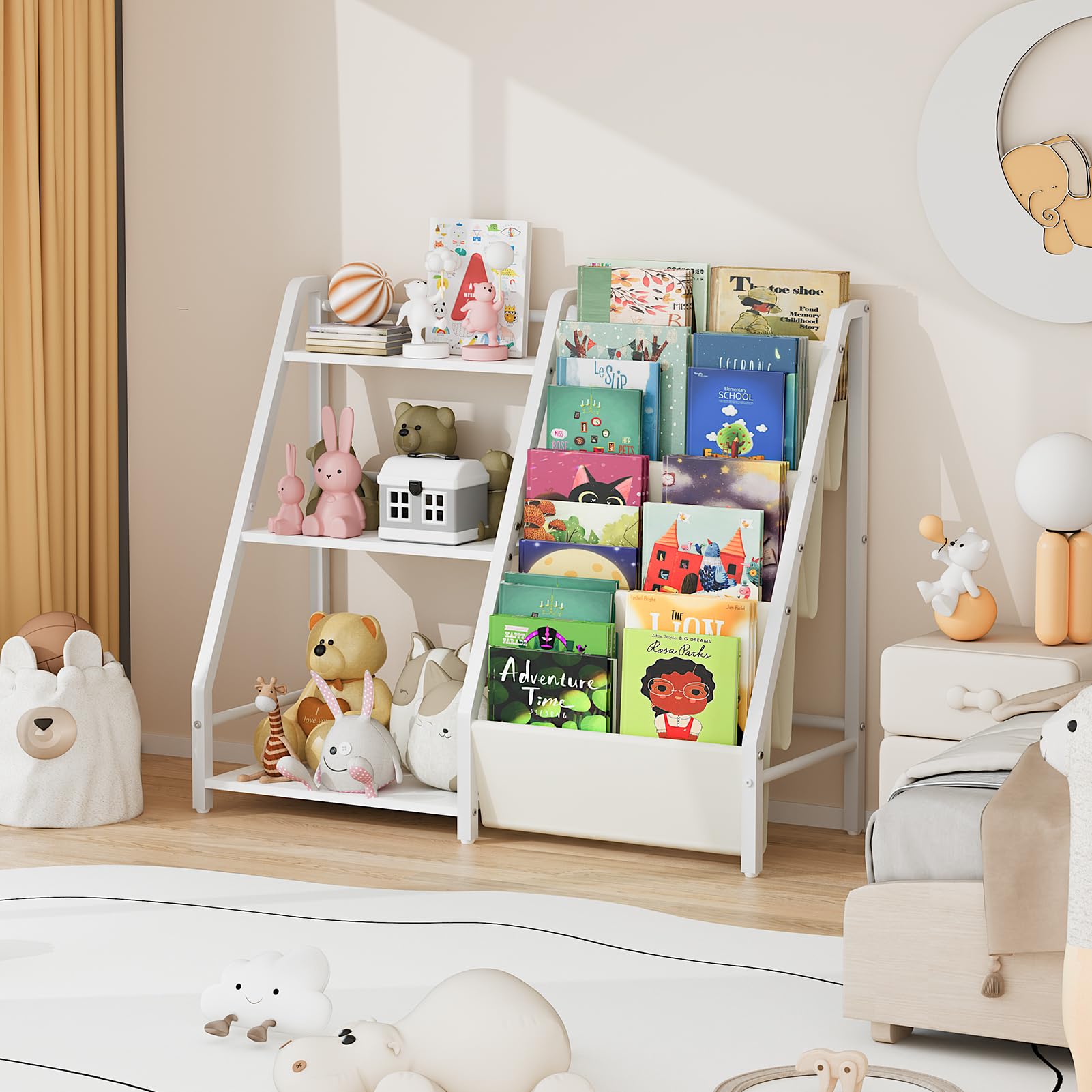 Montessori Kids Bookshelf & Toy Organizer - 2-in-1 Nursery Book Storage with Toy Storage for Toddler Rooms (White) | Perfect for Playrooms, Bedrooms & Daycare Centers