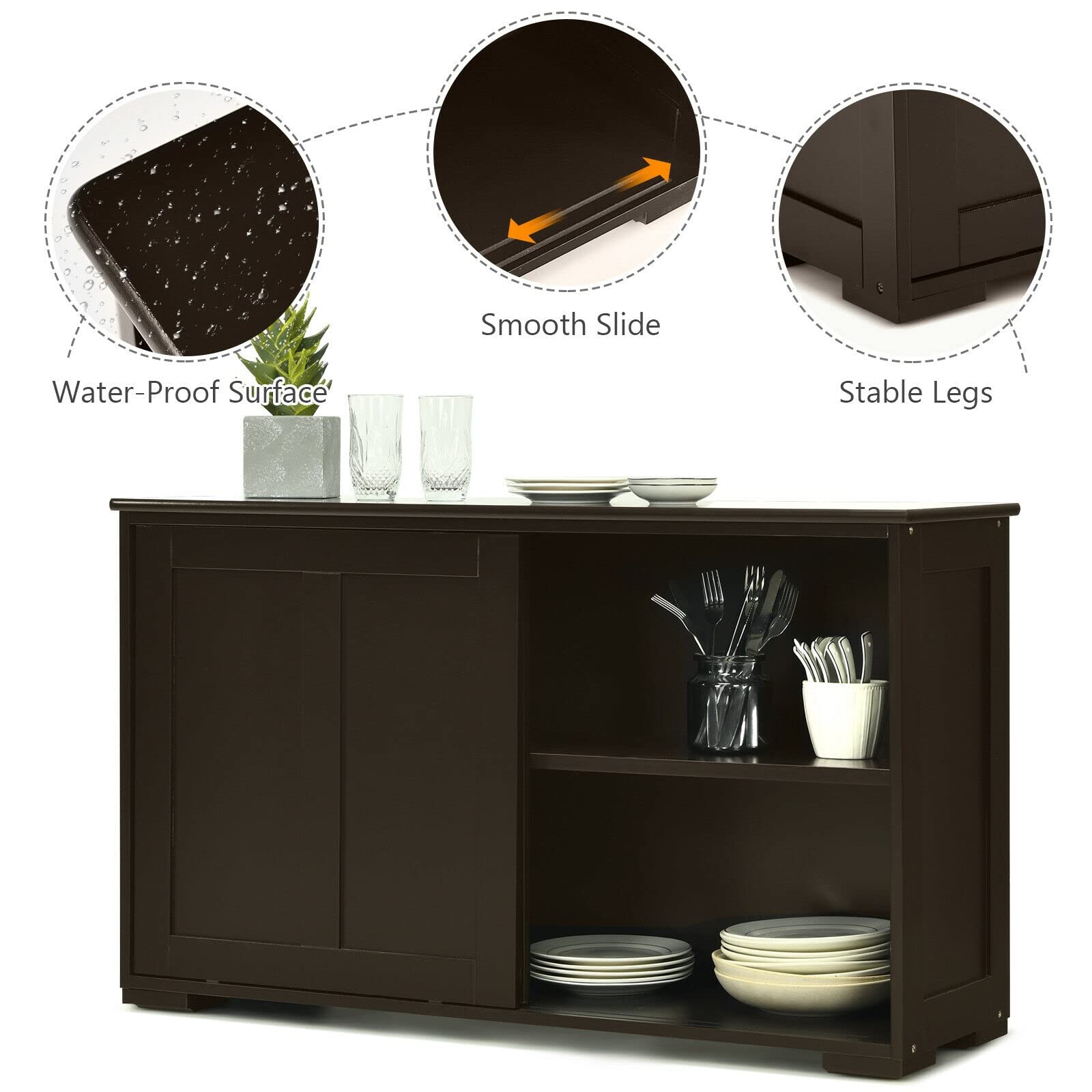 LHONE Stackable Wooden Storage Cabinet with Sliding Doors - Kitchen Sideboard Buffet Cupboard for Dining Room & Home Organization (Brown) - Perfect for Small Spaces & Modern Kitchens