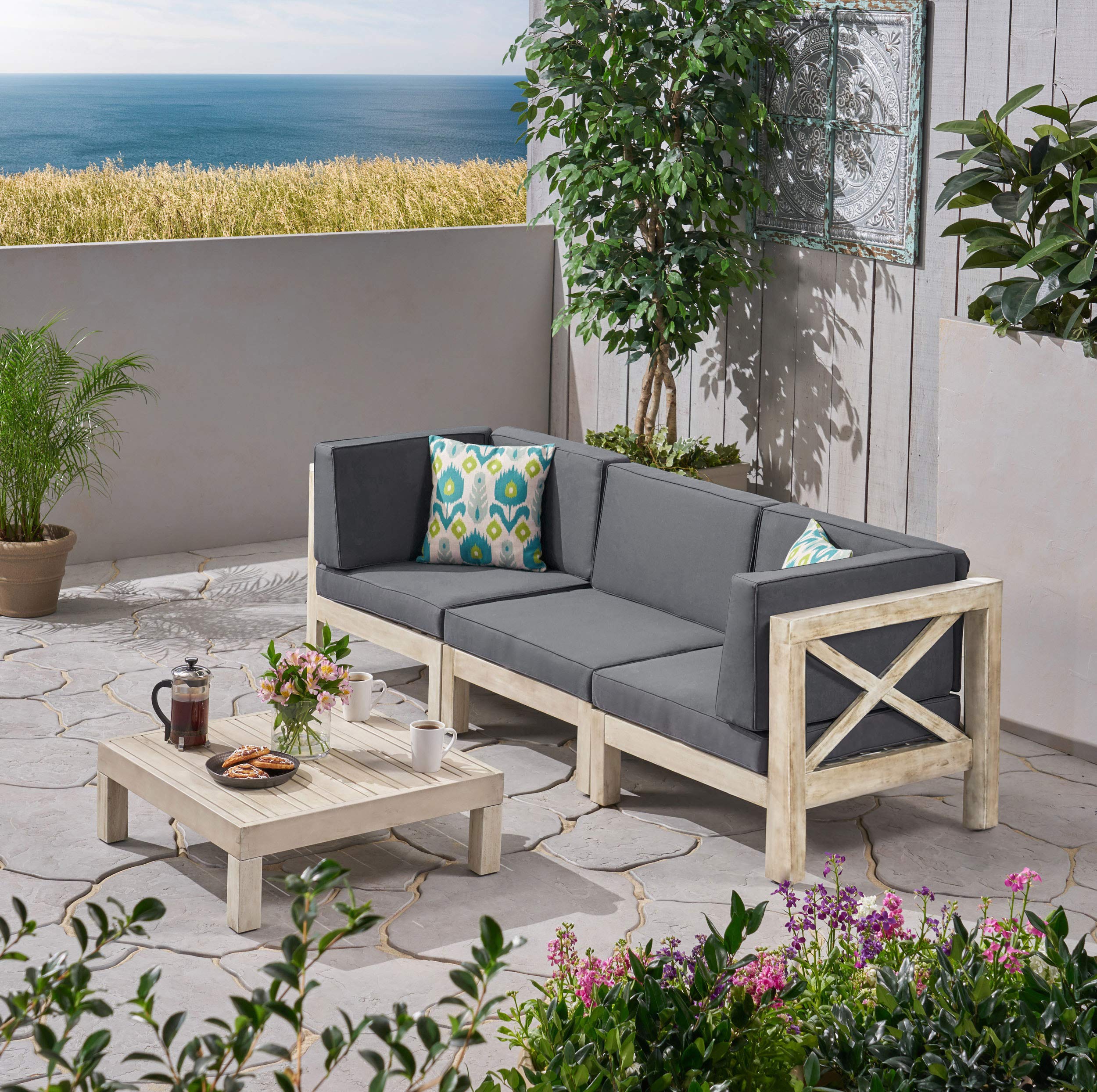 Handcrafted 4-Piece Beige and Gray Contemporary Sofa Set with Coffee Table - 30.25