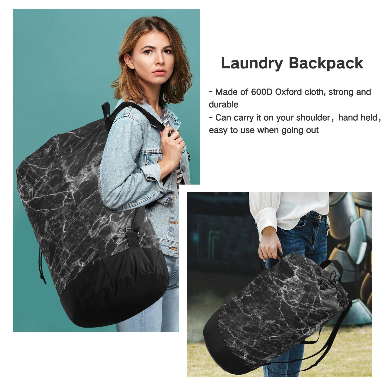 Washable Laundry Backpack - Large Dirty Clothes Bag with Adjustable Shoulder Straps | Heavy Duty Drawstring Travel Laundry Bag for College, Camping & Gym | Black Marble Design for Home & Dorm Organization