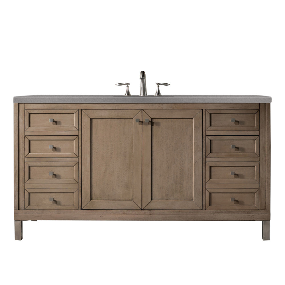 Chicago 60 Inch Single Bathroom Vanity Set - Whitewashed Walnut with 3CM Gray Expo Quartz Countertop | Modern Bathroom Storage Solution for Small Spaces & Powder Rooms