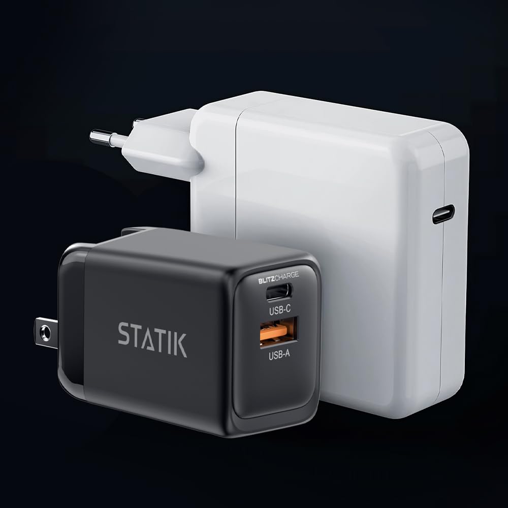 STATIK 45W Fast-Charging GaN Power Adapter with Dual USB-C & USB Ports - Universal International Travel Charger for iPhone 15/14, iPad Pro, Samsung Galaxy S23, Google Pixel 8 - Compact Foldable Design with Smart Overheat Protection - Perfect for Travel, Office & Home Use (Cable Not Included)