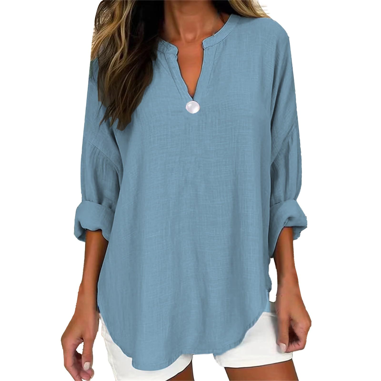 GIERIDUC Women's Long Sleeve Oversized T-Shirt - Side Slit Loose Casual V-Neck Tunic Top with Roll-Up Sleeves | Soft & Comfortable Blouse for Work, Travel & Everyday Wear