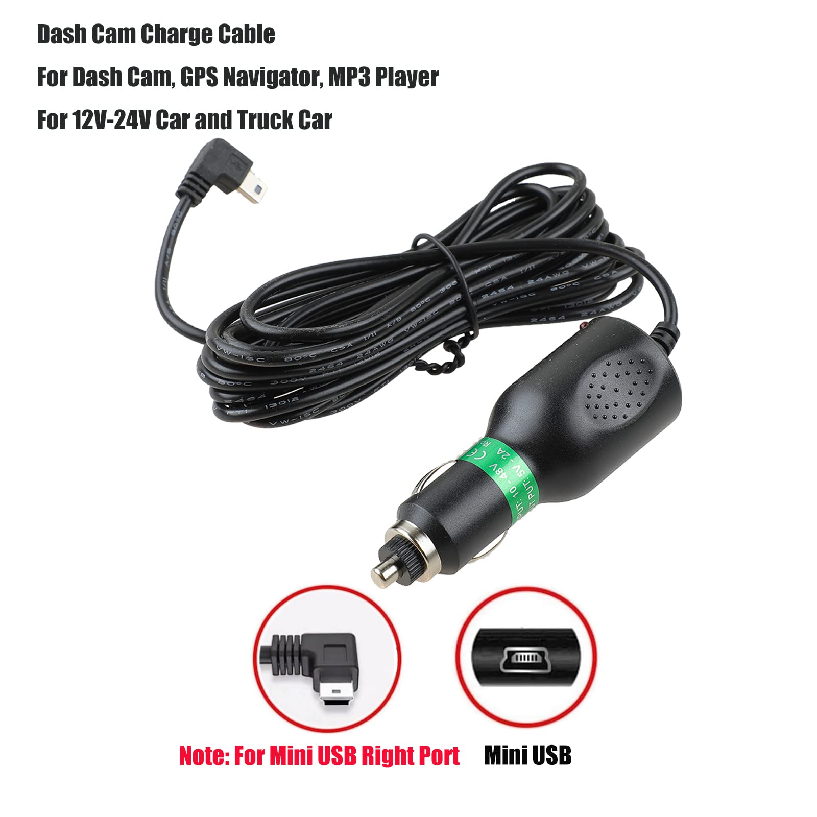 Premium Dash Cam Charger Cable - Mini USB Right Angle Port, 12V/24V Car & Truck Power Adapter (3.5M, Black) - Perfect for GPS Navigation, Security Cameras & Long Road Trips