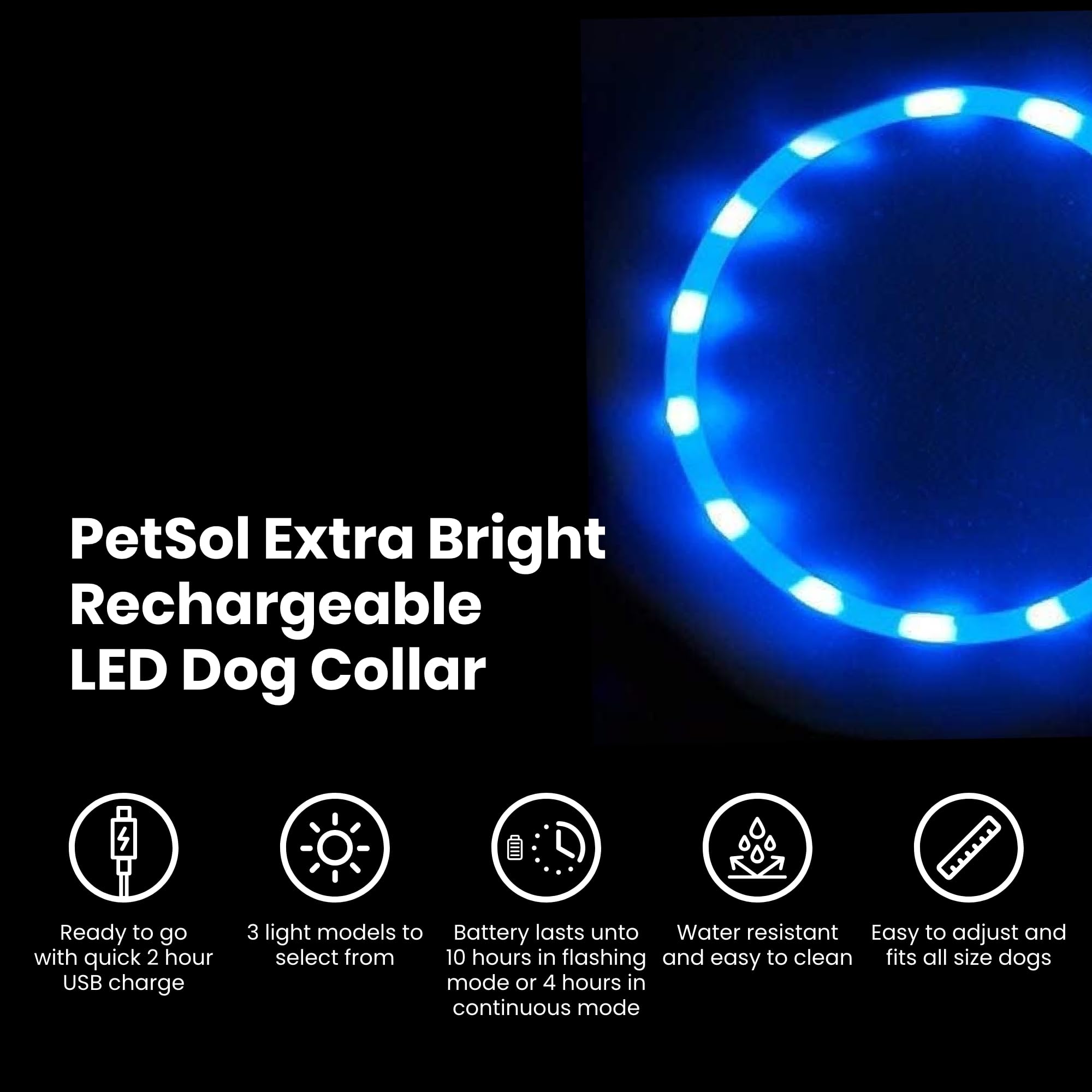 PetSol Ultra Bright USB Rechargeable LED Dog Safety Collar - Waterproof & Adjustable for Night Walking, Jogging, and Outdoor Adventures