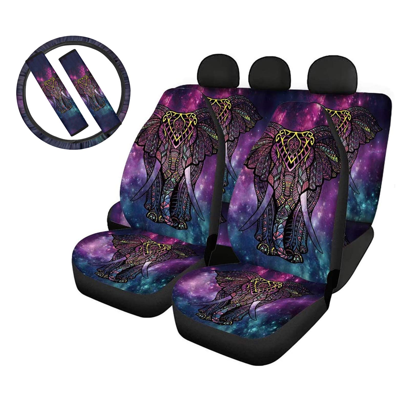 Xhuibop Galaxy Elephant Car Seat Covers Full Set - 7-Piece Neoprene Seat Protectors with Steering Wheel Cover & Seat Belt Covers for Women, Universal Fit for Rear Split Bench Seats, Easy Installation - Perfect for SUVs, Trucks & Family Vehicles
