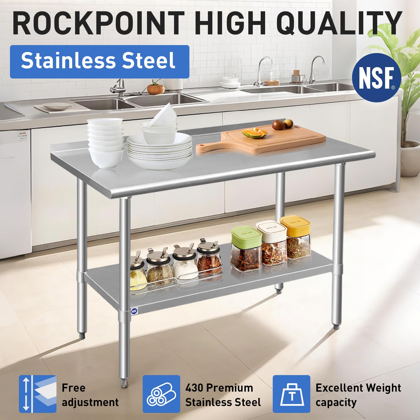 ROCKPOINT 18x36 Inch NSF Certified Stainless Steel Commercial Kitchen Prep Table with Backsplash | Heavy Duty Metal Work Table with Adjustable Under Shelf & Leveling Feet | Perfect for Restaurants, Hotels, Home Kitchens & Food Prep Areas